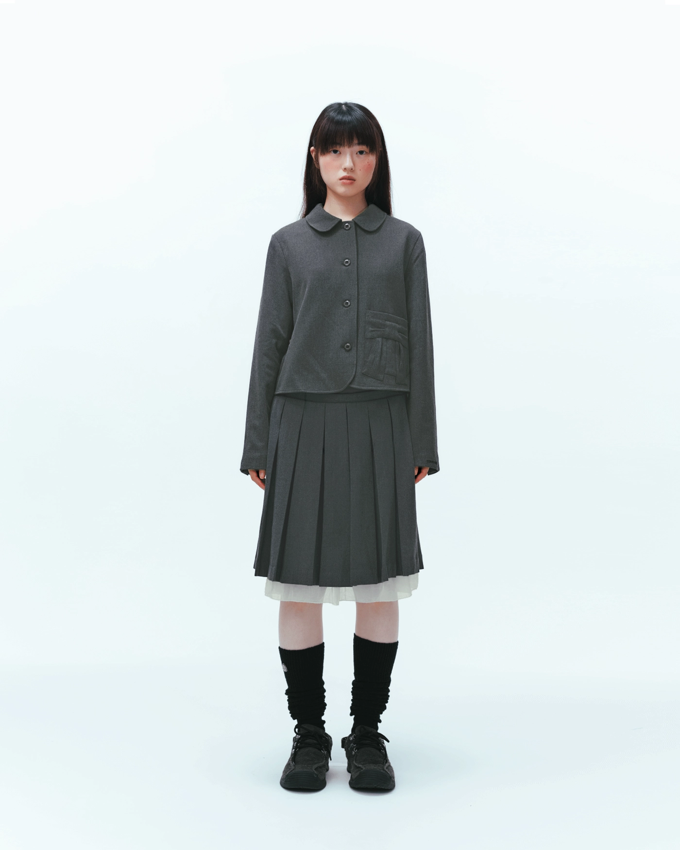 DOUBLE WAISTED PLEATS SKIRT GREY - coyseio