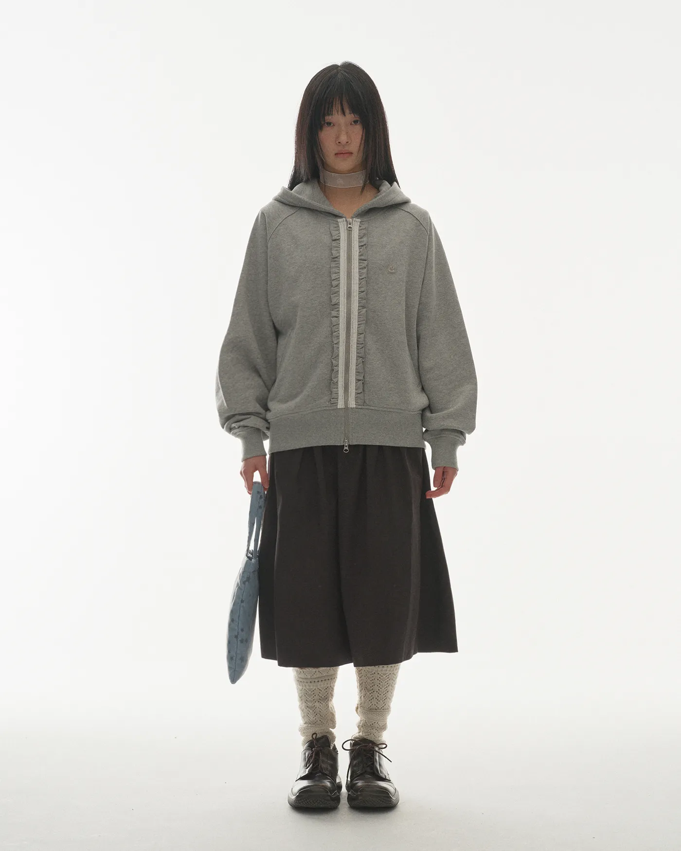 トップス Coyseio RUFFLE LACE HOOD ZIP-UP BLACK Vaska Store