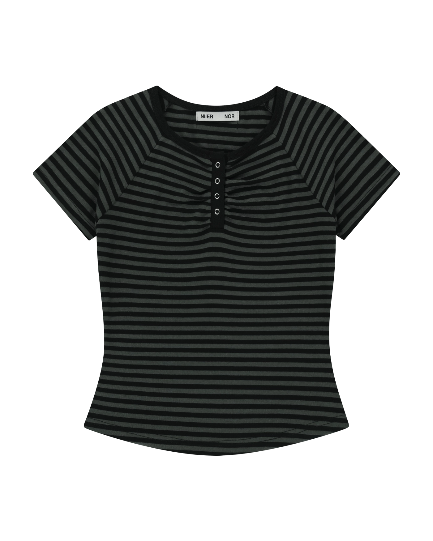 Tシャツ・カットソー [NIIER NOR] SHIRRING STRIPE BUTTON DOWN TEE NIIER NOR SHIRRING STRIPE BUTTON DOWN TEE