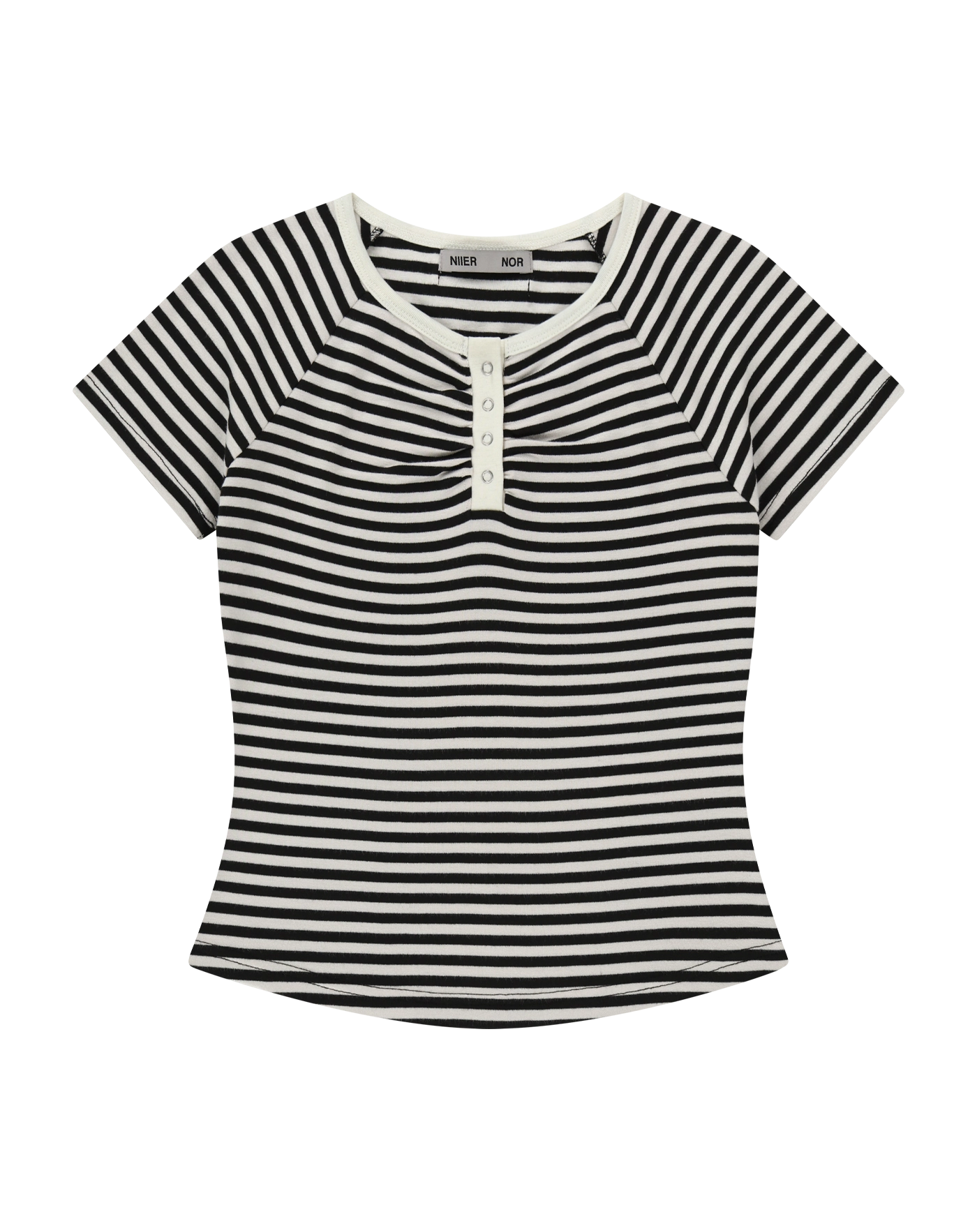 Tシャツ・カットソー [NIIER NOR] SHIRRING STRIPE BUTTON DOWN TEE NIIER NOR SHIRRING STRIPE BUTTON DOWN TEE