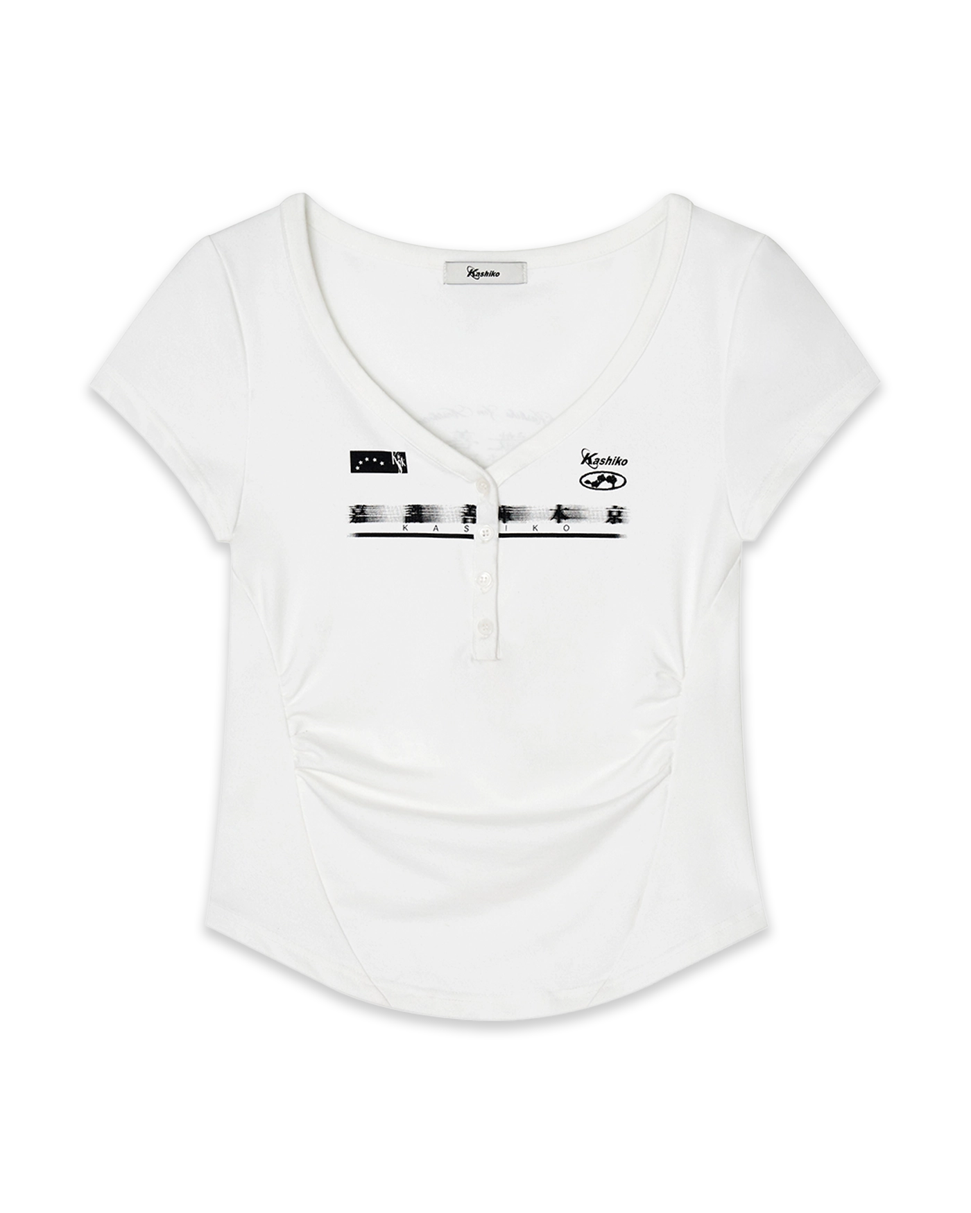 [Kashiko] Zen Button Henley Neck Top /追跡付 KASHIKO Zen Button Henley Neck Top White
