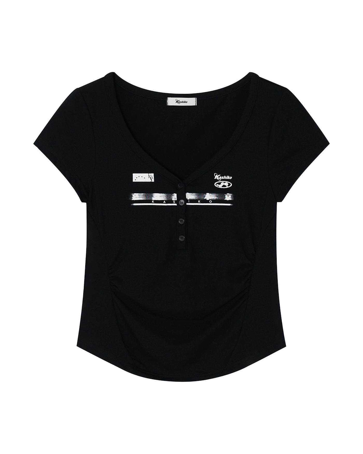 KASHIKO Zen Button Henley Neck Top Black