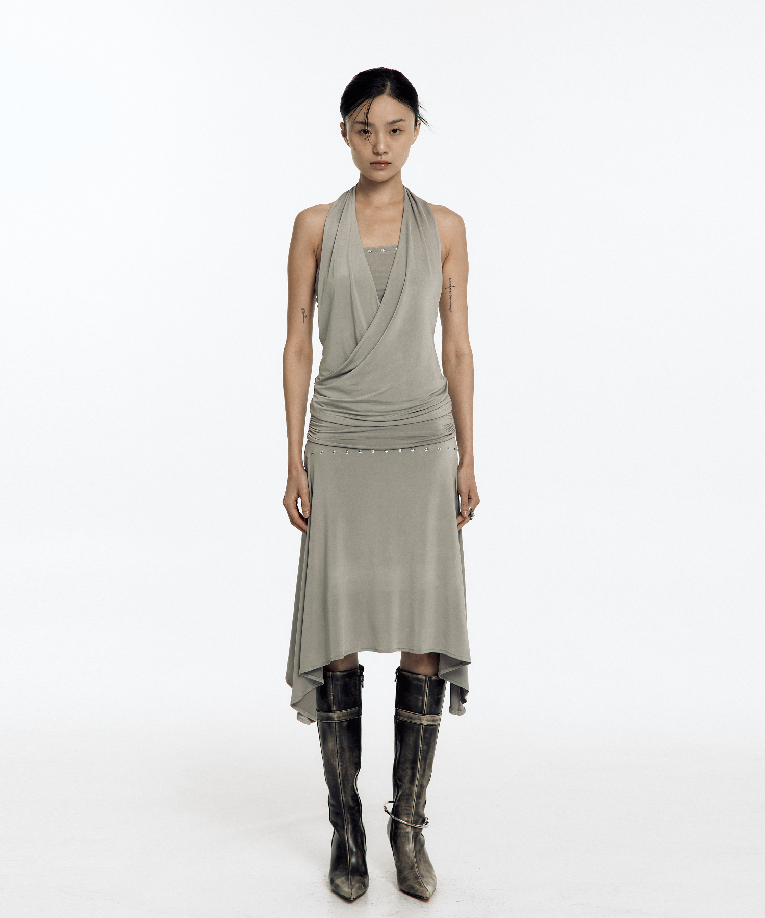 [Kashiko] Stud Drape Flare Skirt /追跡付 KASHIKO Stud Drape Flare Skirt Warm Gray