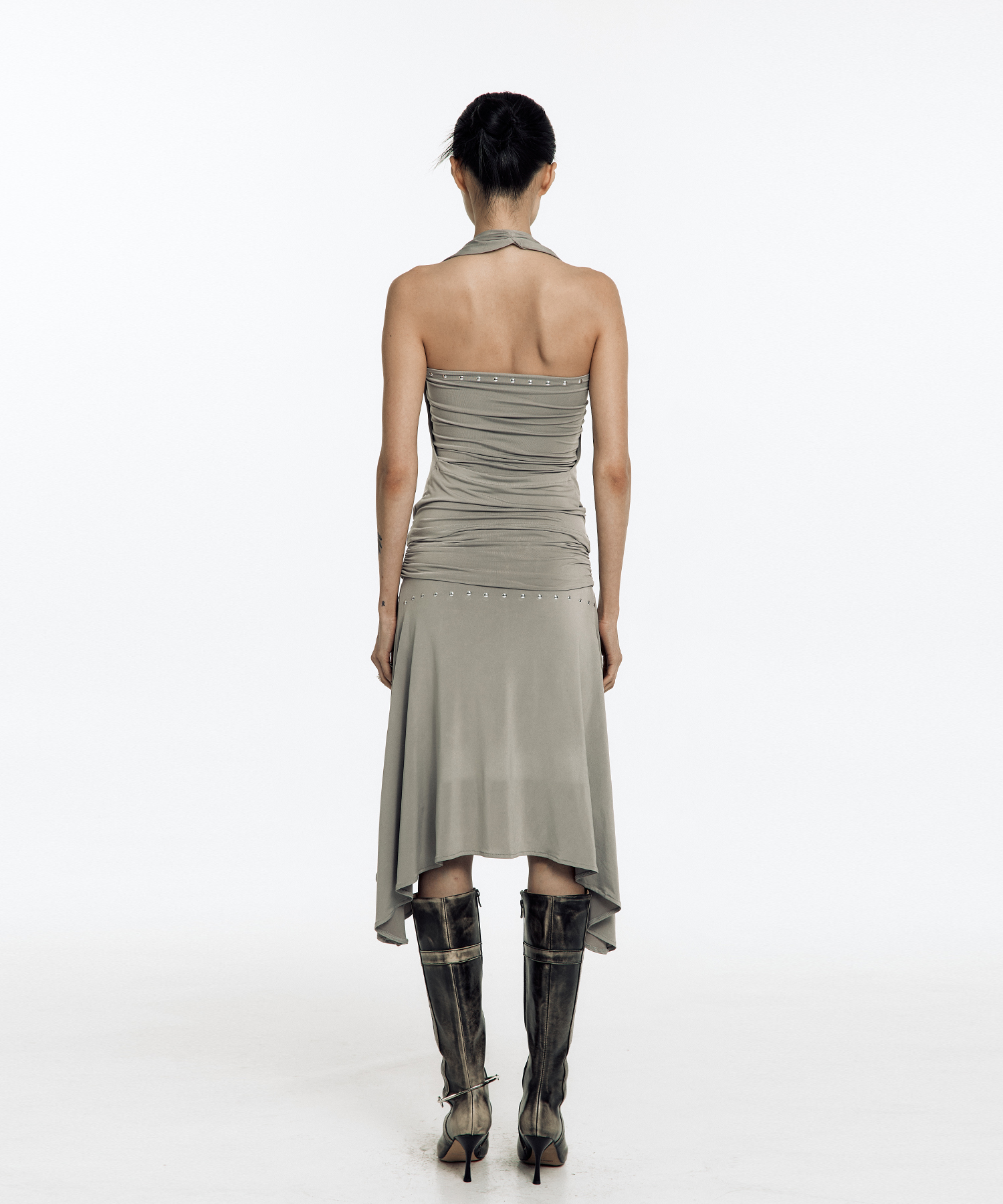 [Kashiko] Stud Drape Flare Skirt /追跡付 KASHIKO Stud Drape Flare Skirt Warm Gray